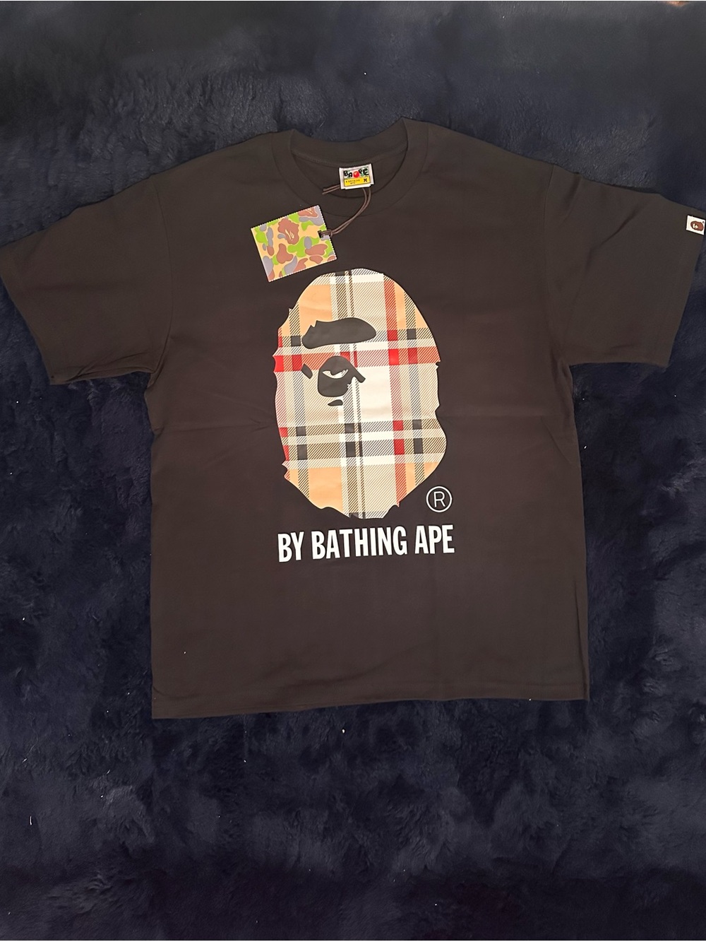 Bape Black Tee with Beige Plaid Ape Head Graphic